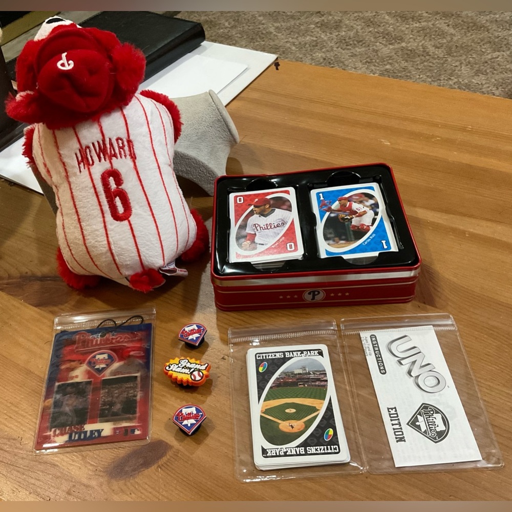 Fundex: Philadelphia Phillies on Uno cards mini pillow pet and 3 crocs charms.